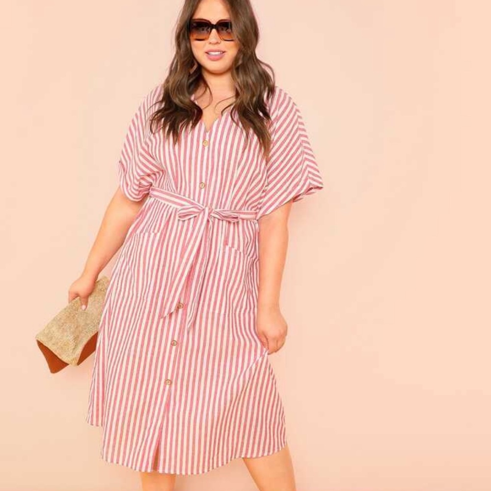 Shein - Striped Button Front Midi Dress - Size 2X